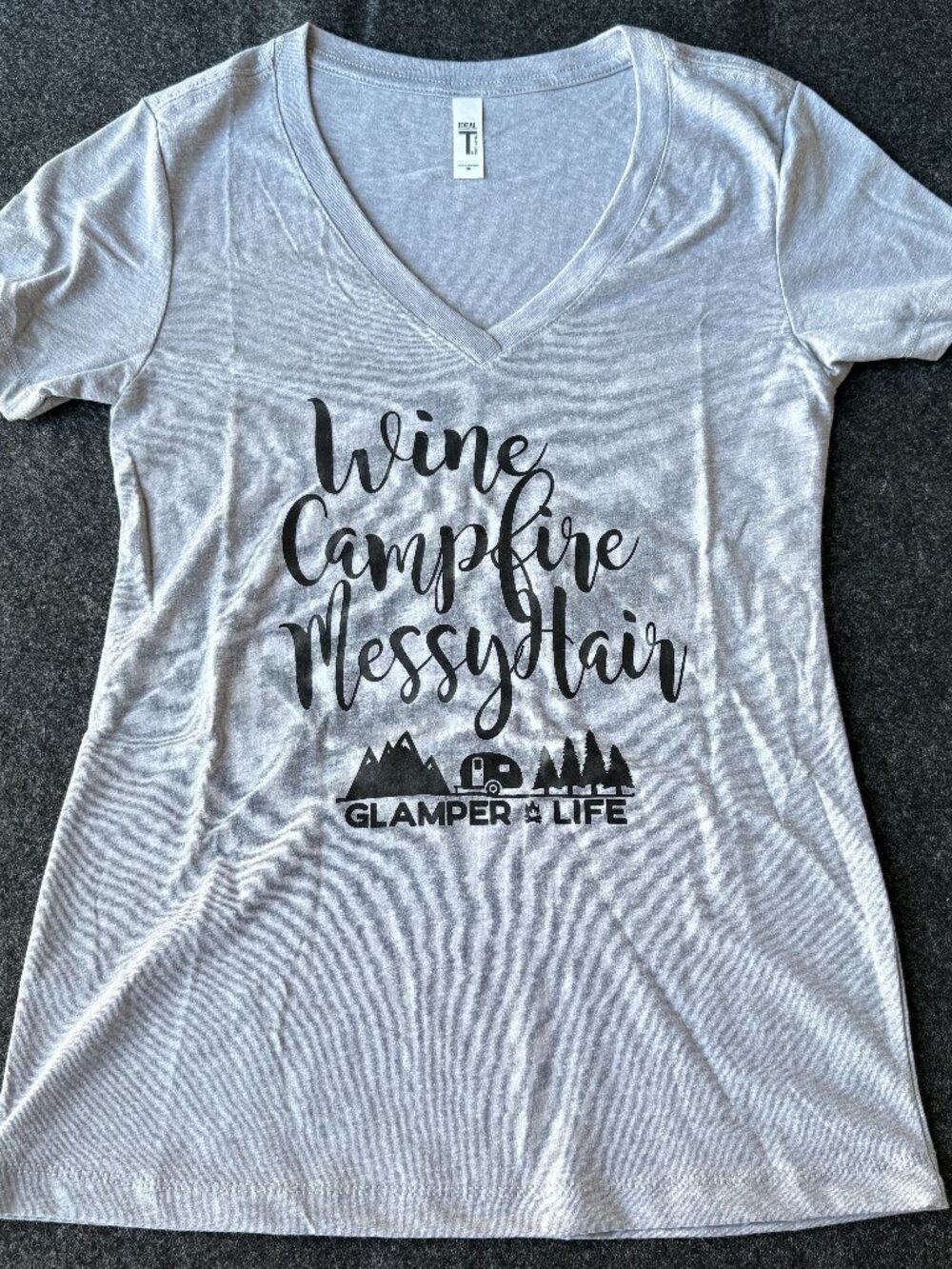 Camping Tee Wine Campfire Messy Hair V Neck - Medium